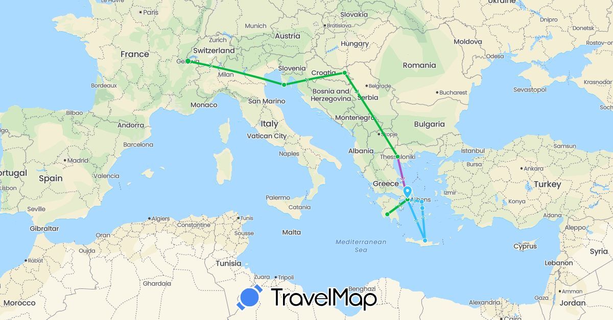 TravelMap itinerary: driving, bus, train, boat in Switzerland, Greece, Croatia (Europe)